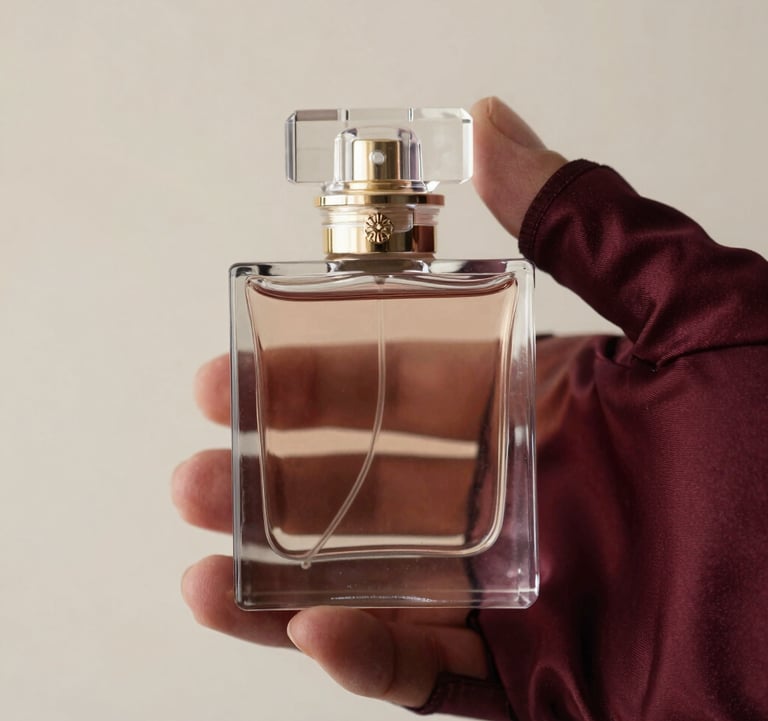 Detail shot of a crystal perfume flacon being held by a hand in a silk sleeve, soft focus, deep burgundy and creamy off-white lighting, high-end fashion photography, European / French style.