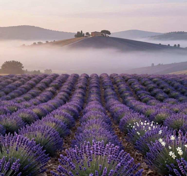 A serene photograph of the rolling hills near Grasse during the flower harvest. Soft morning mist over fields of lavender and jasmine. Elegant, natural lighting capturing the essence of the perfume capital. European / French landscape.