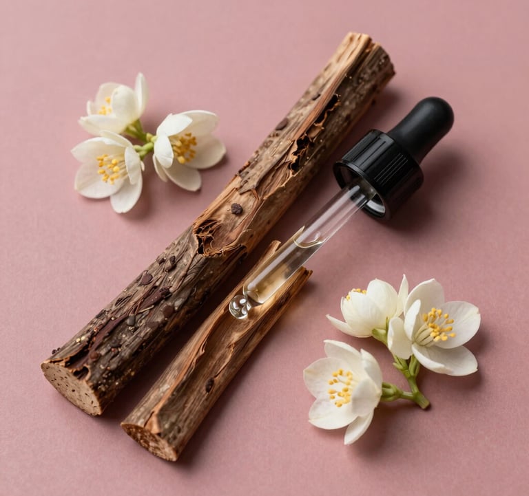 A stylized flat lay of high-end perfume ingredients including sandalwood bark, jasmine flowers, and a glass pipette on a dusty rose background.