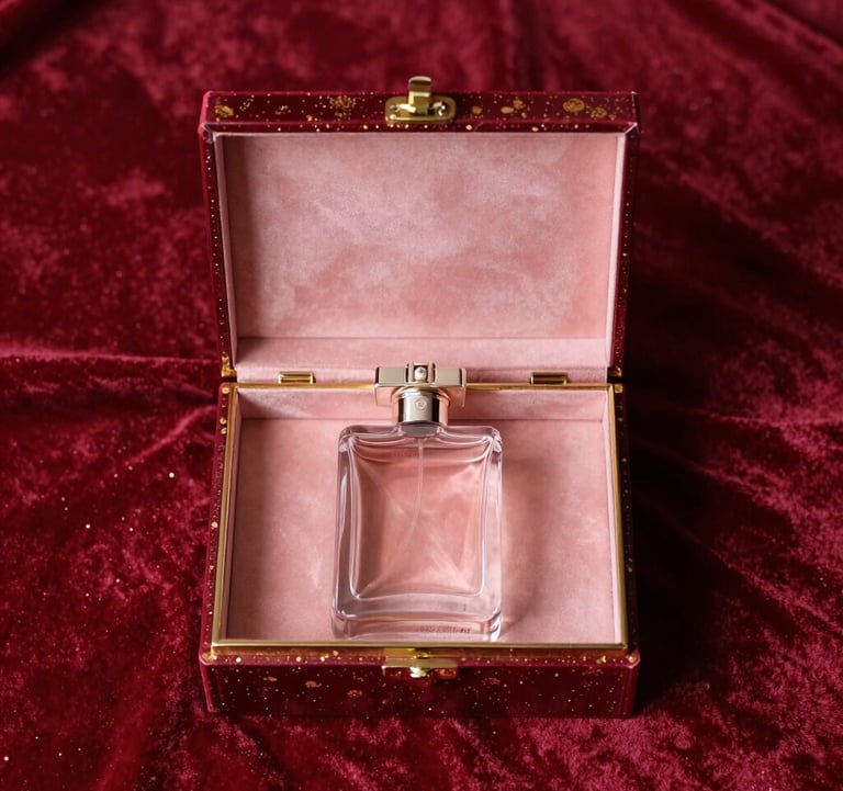 Top-down view of an open luxury perfume box on a velvet cloth, gold foil details, deep crimson red and dusty rose colors, opulent and exclusive presentation, European / French design.