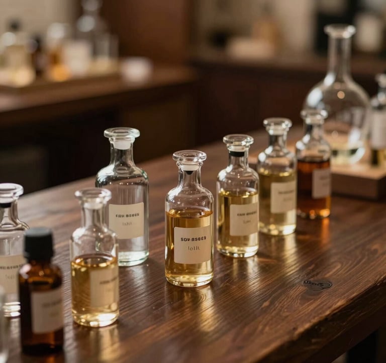 A close-up of a dark wooden table with glass apothecary vials containing essential oils, warm and sophisticated atmospheric lighting, professional parfumerie atelier.