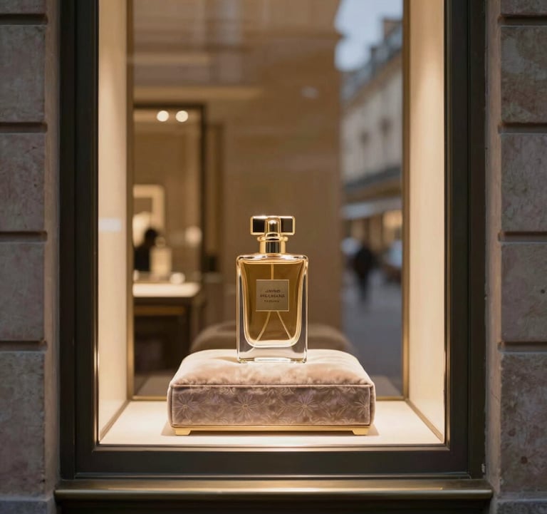 A close-up photograph of a luxury storefront in Paris at dusk. The glass window displays a single, beautifully crafted perfume bottle on a velvet cushion. The lighting is warm and inviting, highlighting the refined textures. European / French setting.