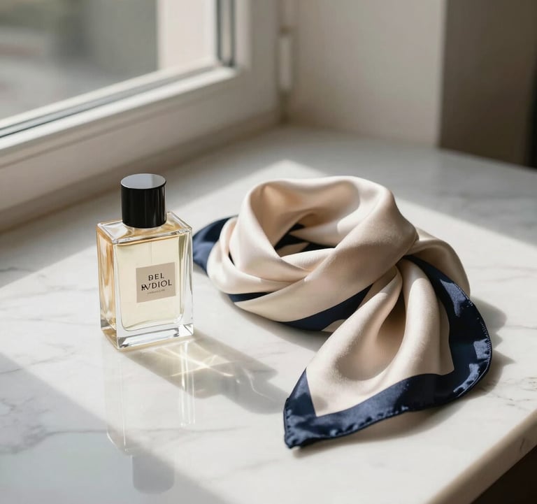 A minimalist setup on a white marble surface featuring a perfume bottle next to a silk scarf, soft afternoon sunlight coming through a window, European boutique aesthetic.