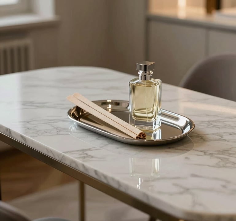 An artistic indoor shot of a marble consultation table in a luxury boutique. A silver tray holds delicate scent strips and a heavy glass bottle of perfume. Soft, cinematic lighting creates a sense of exclusivity. European / French interior.