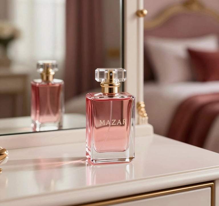 Elegant lifestyle shot of a Mazar perfume bottle on a vanity table, reflecting in a mirror, warm morning light, dusty rose and crimson red palette, European / French luxury bedroom.