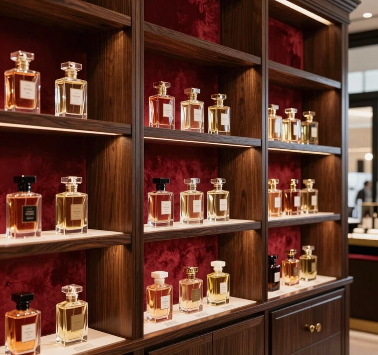 Interior shot of a sophisticated French perfume boutique with dark wood shelving, velvet accents in deep red, and golden ambient lighting reflecting off glass bottles.