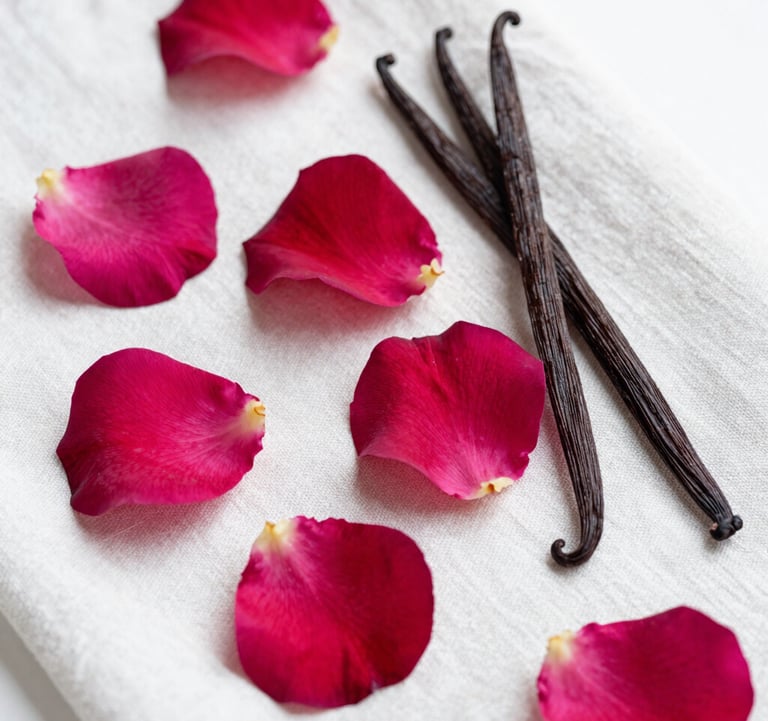 Fine art photography of fresh rose petals and vanilla beans on a white linen cloth, capturing the raw ingredients of a luxury perfume. Soft, natural lighting in a French studio.