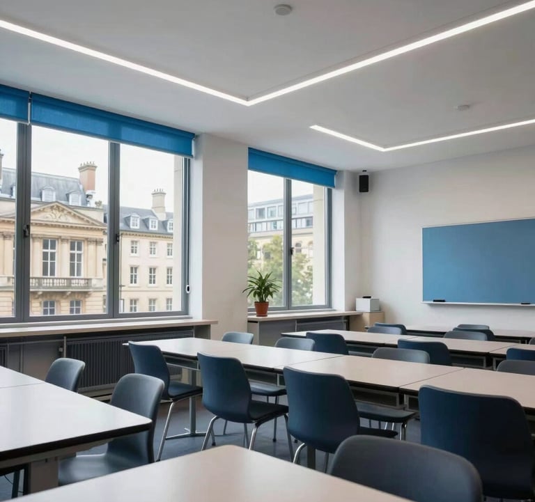 Interior photography of a modern, high-tech classroom in a British city like London or Oxford. Large windows showing a glimpse of historic architecture outside, bright and professional atmosphere, clean lines and Sky Blue accents.