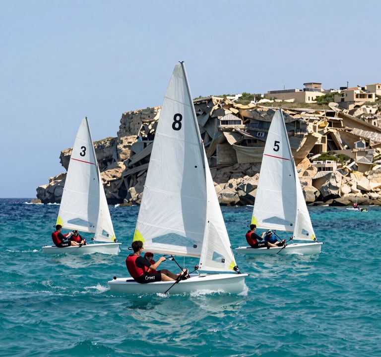 A vibrant coastal scene in St Paul's Bay, Malta, showing a group of students participating in a supervised sailing activity on turquoise waters. High-end Mediterranean leisure feel. North American / US photography style.