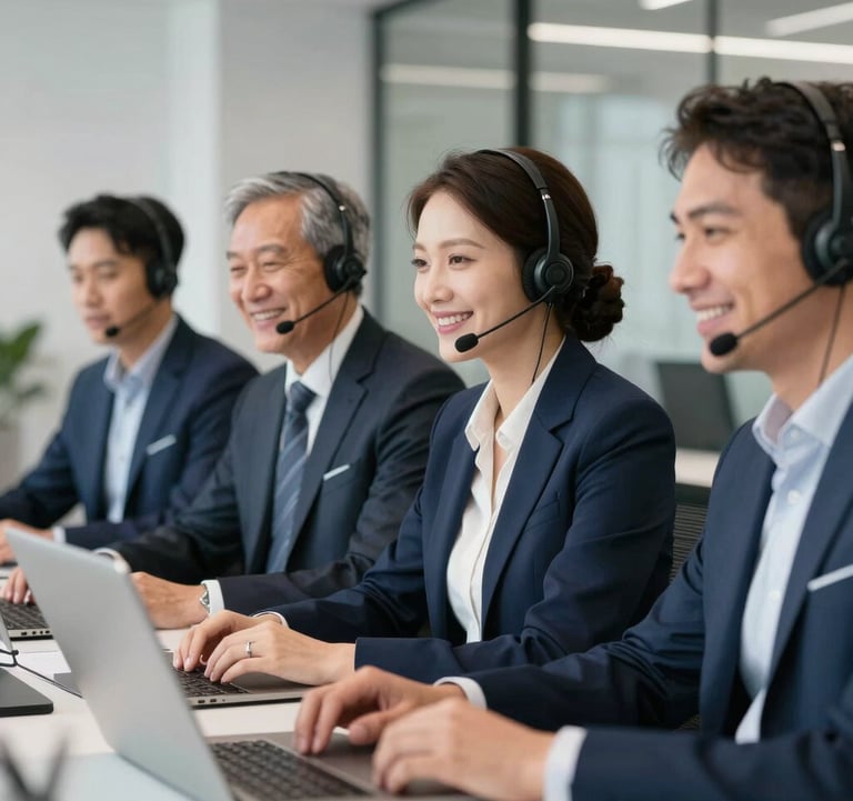 A professional success team photograph showing a group of friendly advisors in a modern office environment with headsets, looking helpful and collaborative, with navy blue and pale silver grey accents in the workspace.