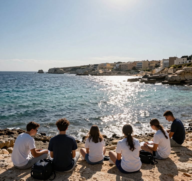 A high-quality candid shot of students enjoying a coastal educational activity in St Paul's Bay, Malta. Clear blue Mediterranean water and limestone coast, bright natural sunlight, reflecting a premium and professional group travel experience. Sky Blue and Soft Silver highlights.