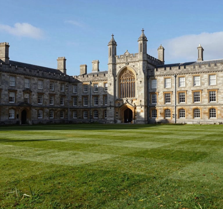 A high-quality photo of a historic university campus in Ireland with lush green lawns and stone architecture, captured in crisp daylight to reflect a premium educational setting.