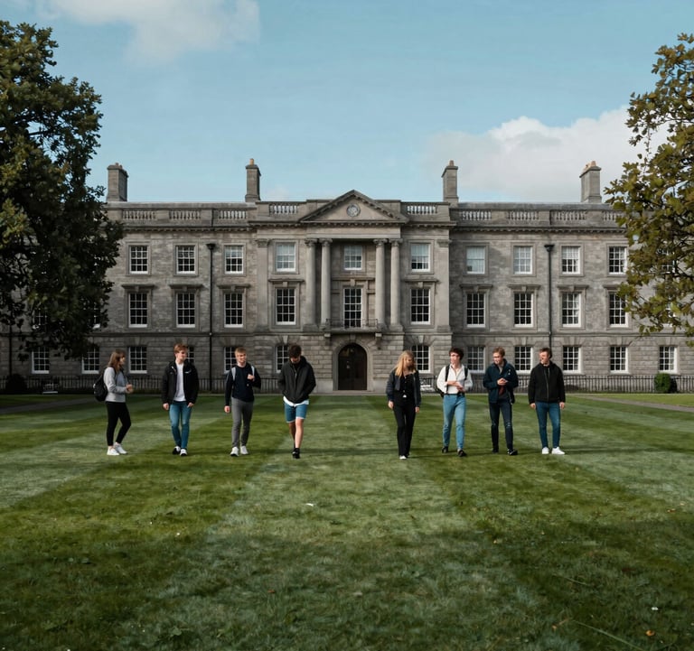 Professional photography of a lush green campus in Dublin, Ireland, during a clear day. Historic university buildings in the background with a group of international students, conveying a sense of academic excellence and safe exploration. Muted Steel and Deep Charcoal Teal tones.