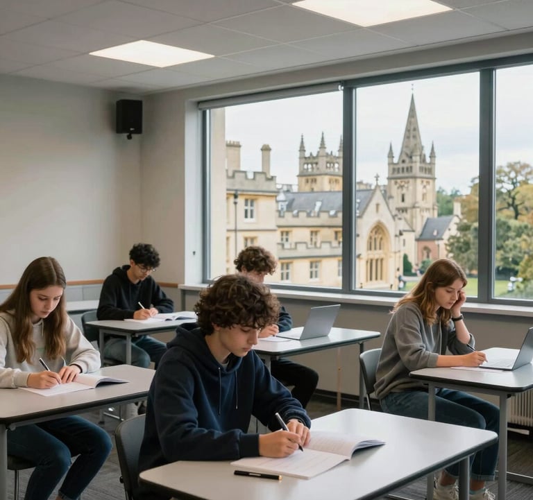 A clean, modern classroom setting in Oxford, featuring students engaged in a lesson with a view of historic spires through a large window, emphasizing academic excellence.