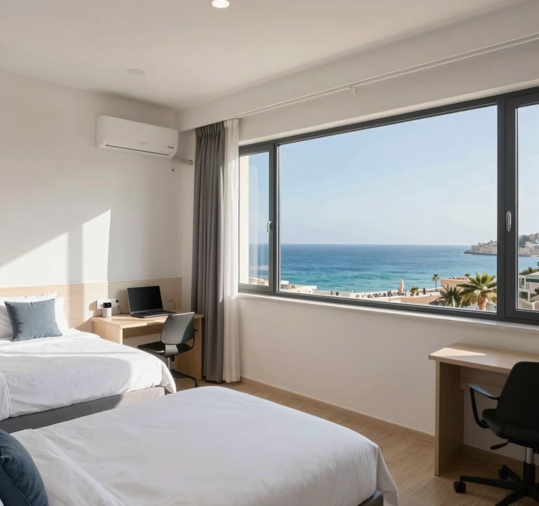 A wide shot of a modern, safe student residence room in St Paul's Bay, Malta, with large windows overlooking the Mediterranean coast, captured in a clean, bright, and professional North American / US corporate style.