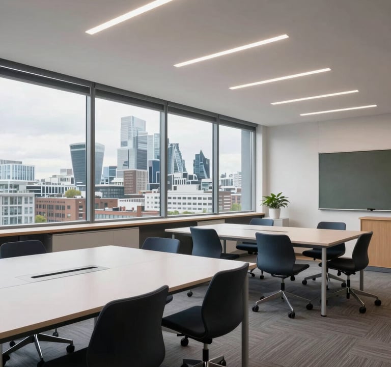 A modern, bright classroom in London with a view of the city skyline. The room is filled with contemporary educational furniture and clean lines, reflecting a high-end corporate educational environment.