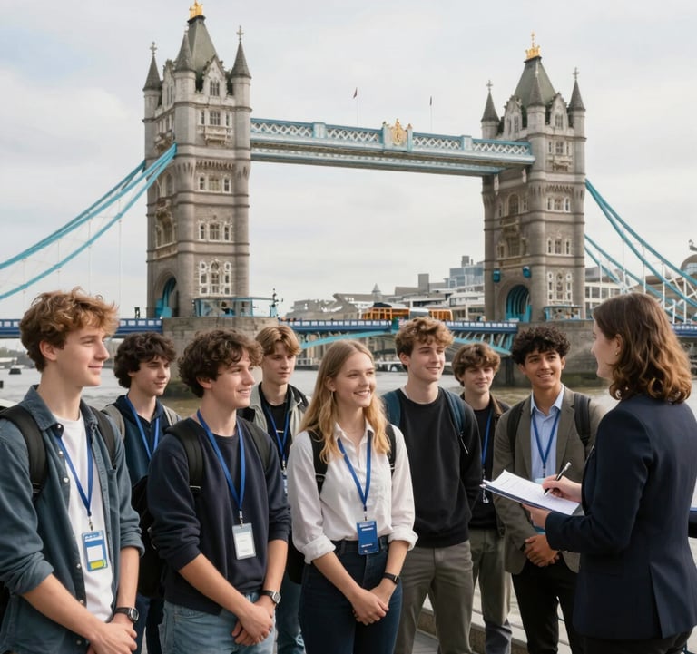 A professional wide-angle shot of a group of teenagers and a coordinator smiling in front of Tower Bridge in London, bright daylight, candid and high-quality photography.