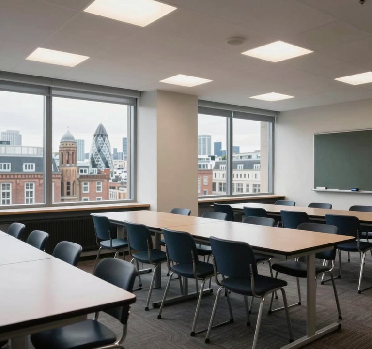 A bright, modern classroom interior in London with large windows offering a clear view of the city skyline and historic architecture. The room is clean and well-lit with professional furniture. North American / US aesthetic.