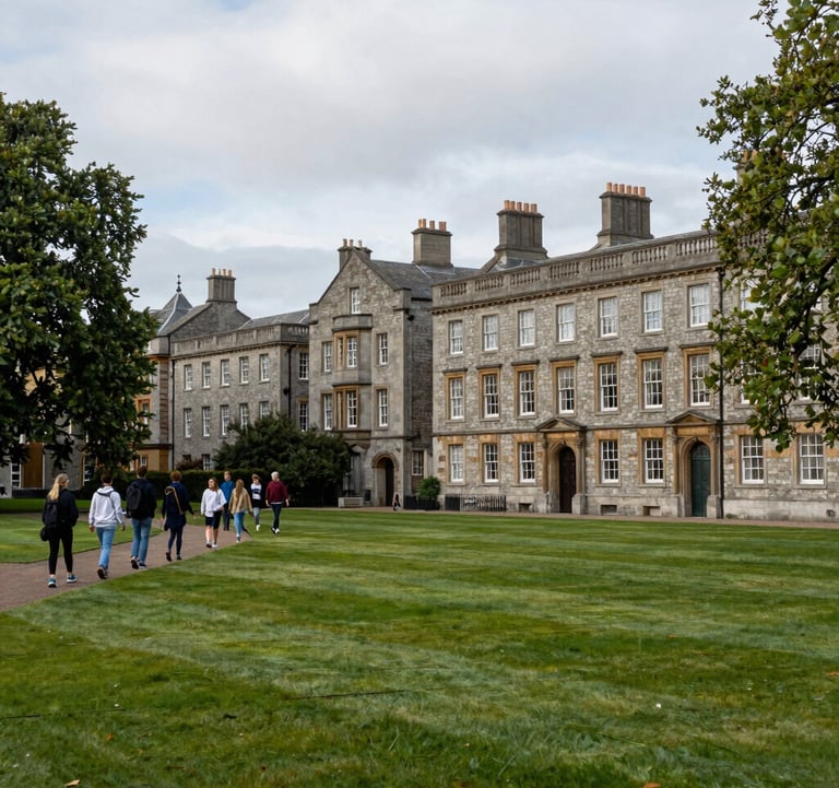 A wide-angle shot of a lush green university campus in Dublin, Ireland, featuring historic stone buildings and a group of students walking along a path. The atmosphere is academic and serene. North American / US photography style.