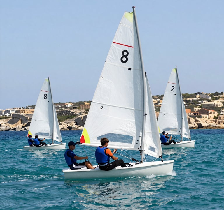 A high-action photograph of students participating in a supervised coastal sailing activity in the clear blue waters of St Paul's Bay, Malta, under bright Mediterranean sunlight.