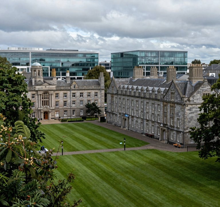 A photography shot of a lush green university campus in Dublin, Ireland. The scene features historic stone architecture blended with modern glass facilities, representing academic excellence in a North American / US corporate photographic style.