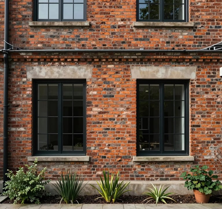 Exterior facade of a renovated traditional brick house. The old brick is restored and paired with modern black metal window frames and a minimalist garden.