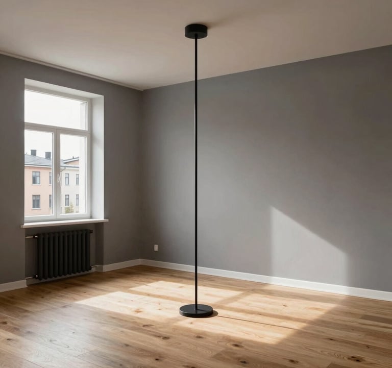 Interior photography of a premium renovated apartment in a Northern European city. Minimalist living room with warm grey walls, light oak flooring, and high-end black metal light fixtures. The space is filled with natural light.