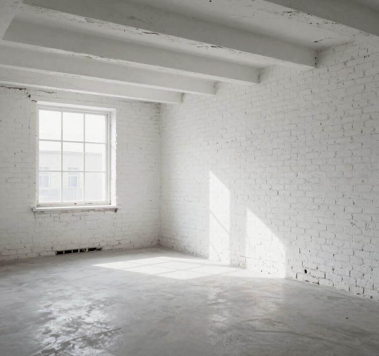 A bright, airy renovated loft space with white exposed brick walls and high ceilings, showcasing the transformation from a neglected attic to a premium living area.