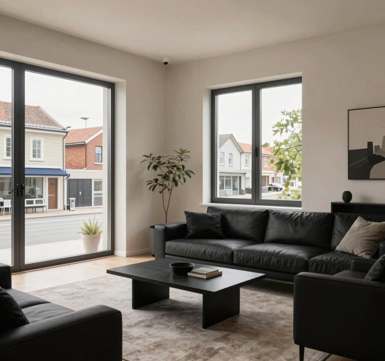 Interior view of a modern living room after renovation. Scandinavian design, light beige walls, black minimalist furniture, large windows overlooking a Baltic street. High-end real estate photography.