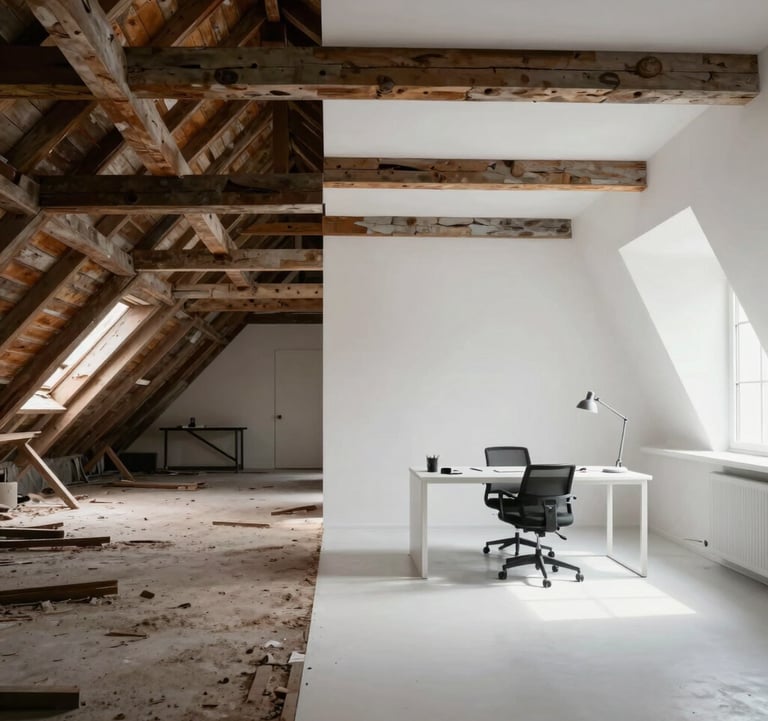 A split-view style photo. On the left, a neglected attic with dust and old beams. On the right, the same attic transformed into a bright, modern loft office with white walls.