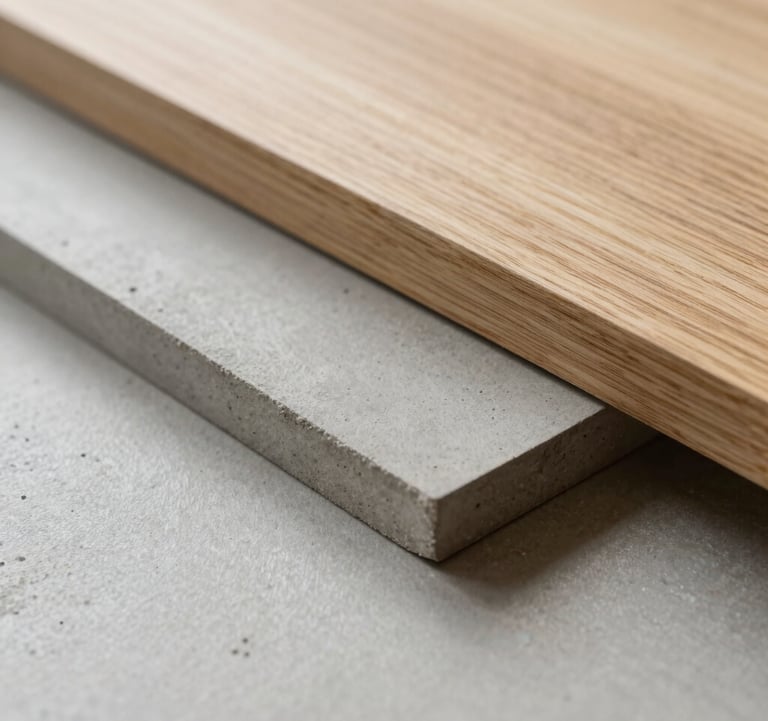 Macro shot of high-quality architectural materials, a mix of light oak wood and polished concrete. Soft natural light, minimalist aesthetic, professional photography in Lithuania.