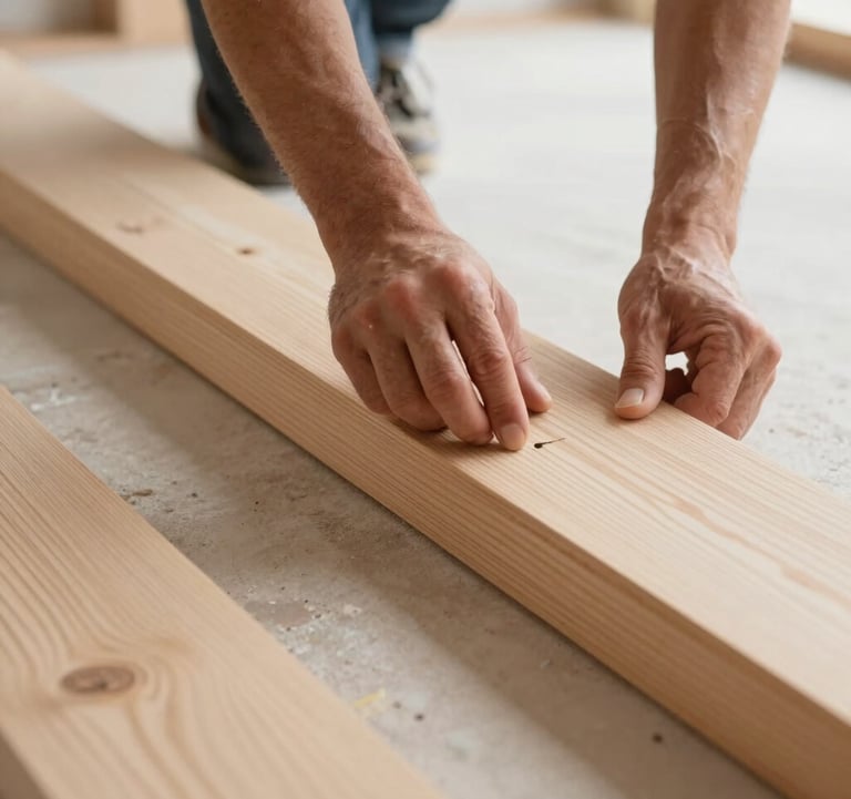 Close-up photography of a renovation site in Northern Europe. A craftsman's hands working with light oak wood planks. Bright natural light, minimalist aesthetic, focused on texture and precision.