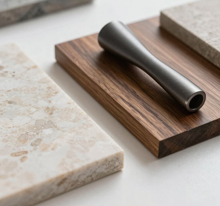 A close-up of high-quality renovation materials: a sample of polished stone, dark wood grain, and a matte graphite metal handle, arranged elegantly in a bright, modern studio setting.