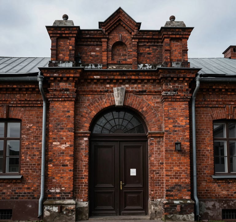 A moody, high-contrast photograph of an old, characterful brick building entrance in a Baltic city. Soft overcast light highlighting the texture of the aged materials.