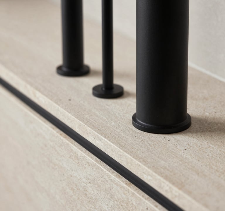 Close-up detail of a premium interior renovation, featuring matte black fixtures against a light stone surface, modern and minimalist aesthetics.