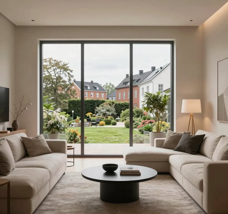 Interior shot of a modern Scandinavian living room after renovation. Soft beige walls, minimalist furniture, large windows showing a Northern European city garden, serene atmosphere.