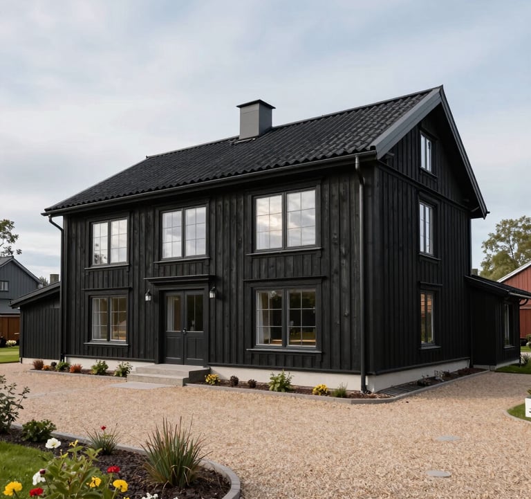 Exterior shot of a modernized traditional Baltic house. The architecture combines charcoal wood siding with large panoramic windows. Professional landscaping with sand-colored gravel paths surrounds the structure.