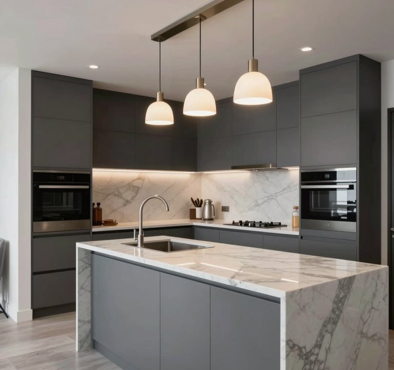 Professional photography of a newly renovated apartment interior. Focus on a sleek, handle-less kitchen in graphite grey and white marble countertops, illuminated by designer pendant lights.