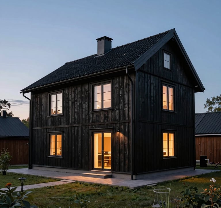 Exterior shot of a modernized traditional Baltic house at twilight, combining dark wood cladding with warm interior light spilling out onto a minimalist patio.
