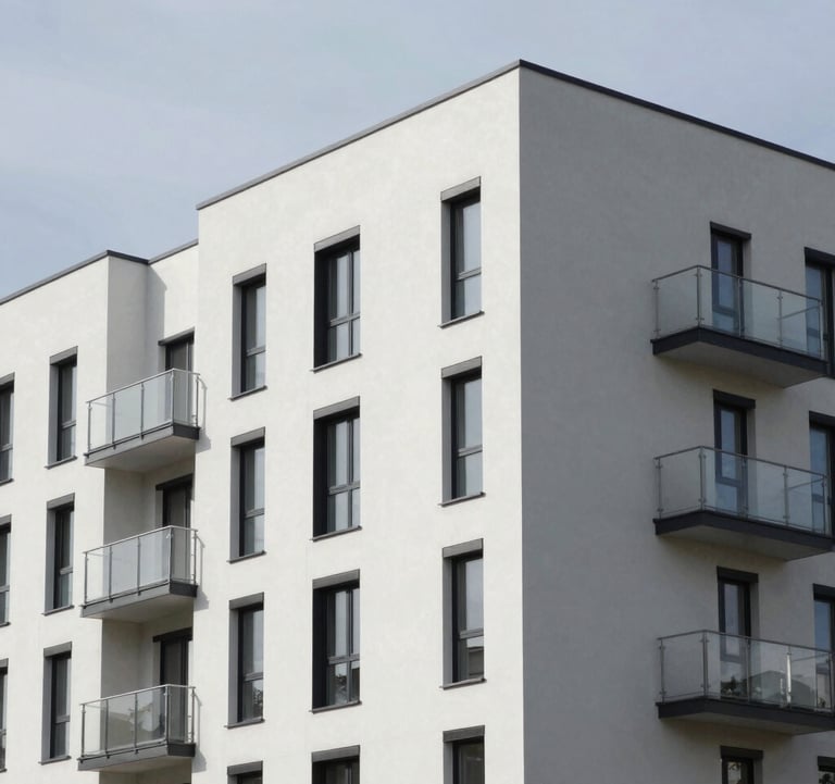 A modern residential building exterior featuring clean lines and a monochromatic palette of whites and greys. Professional architectural photography under a clear Northern European sky.
