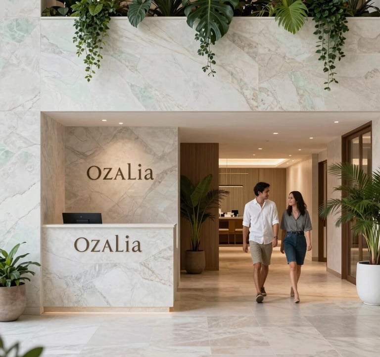 Interior shot of the Ozalia project, showcasing a luxury lobby area. The design incorporates natural stone, pale mint white textures, and subtle deep sea green foliage. A North American / Mexican (Yucatán) couple is seen walking in the distance, portraying an atmosphere of calm and secure investment.