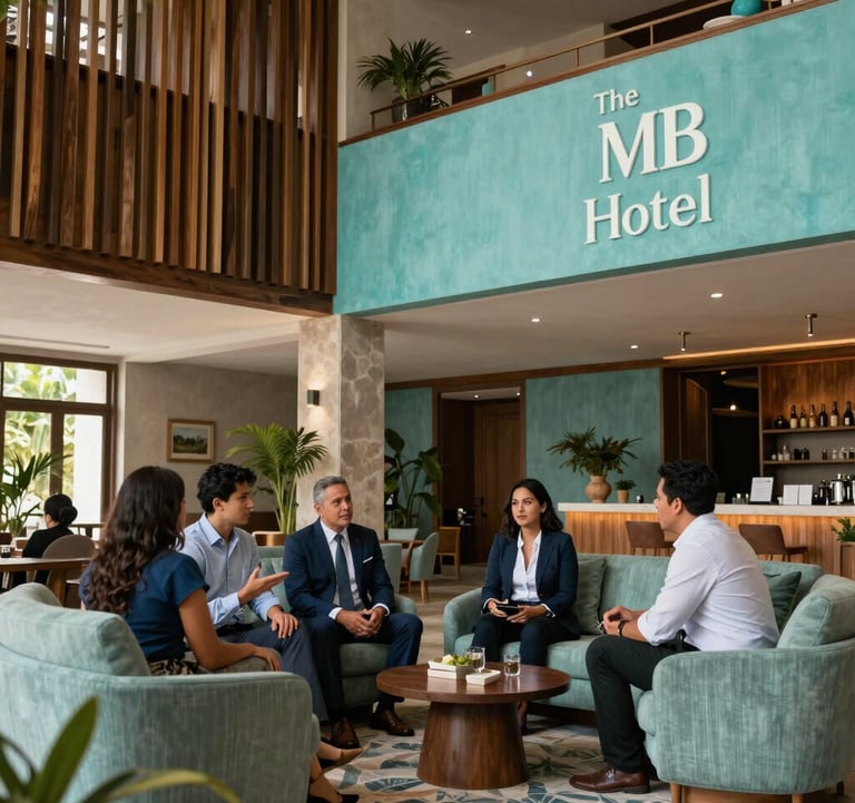 Interior of The MB Hotel lobby in Mérida, Yucatán. Luxury design featuring high ceilings, tropical wood elements, and soft turquoise fabrics. A group of North American / Mexican (Yucatán) professionals conversing in the lounge.