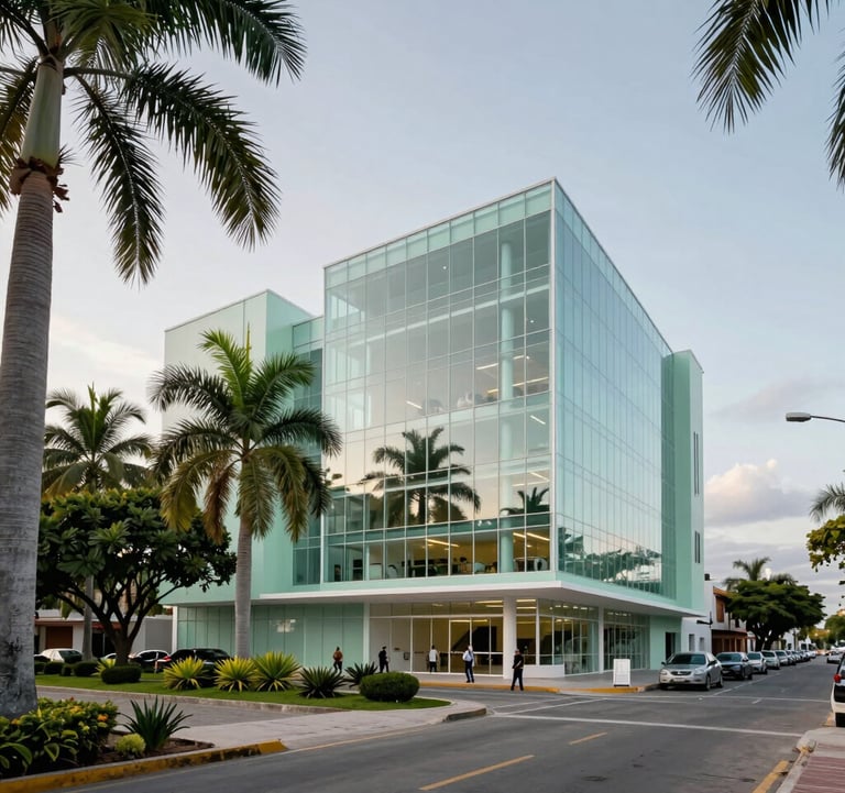 An upscale street view of the Temozón area in Mérida, North American / Mexican (Yucatán), featuring a new medical plaza with modern glass architecture and lush tropical green areas in Soft Seafoam.