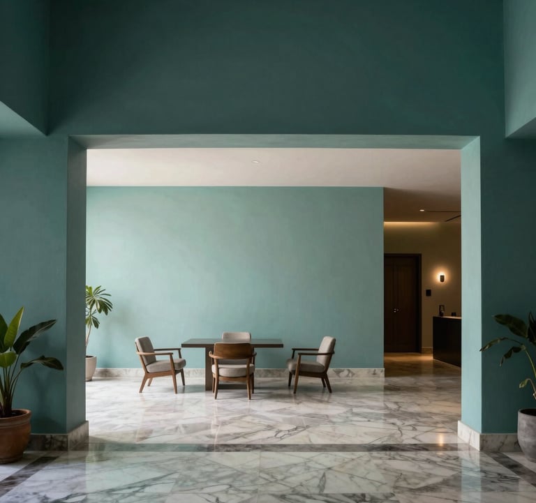 The sleek lobby of The MB Hotel in Mérida, North American / Mexican (Yucatán), featuring minimalist design, marble floors, and accents in Soft Seafoam and Deep Dark Teal.