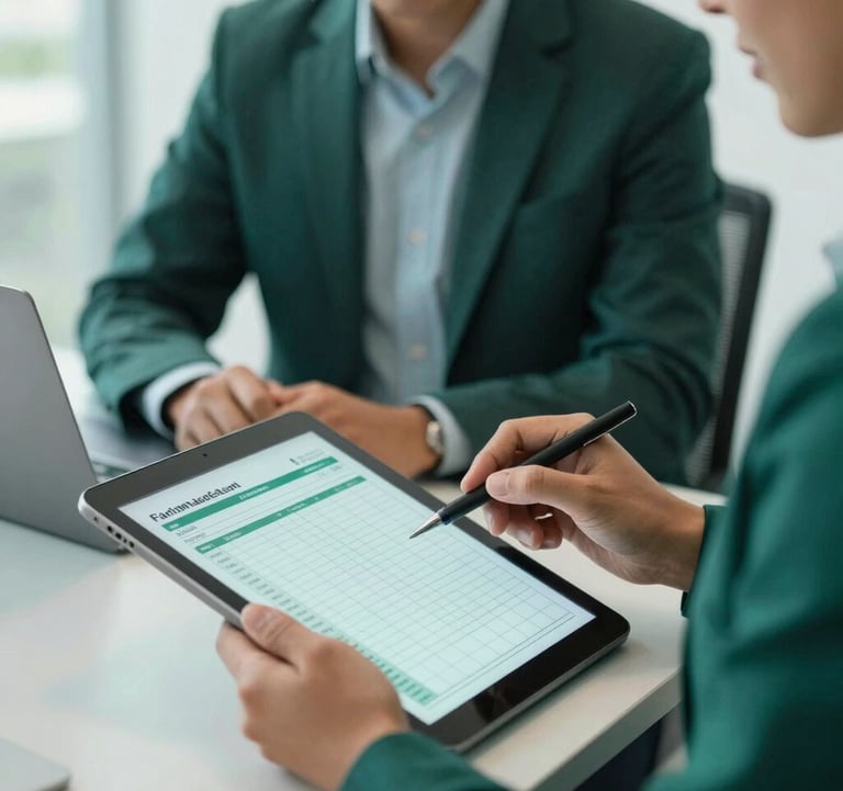 A close-up of a professional management team in a North American / Mexican (Yucatán) office environment. One person is reviewing a facility maintenance schedule on a tablet. The color palette includes professional Deep Sea Green and Soft Seafoam tones.