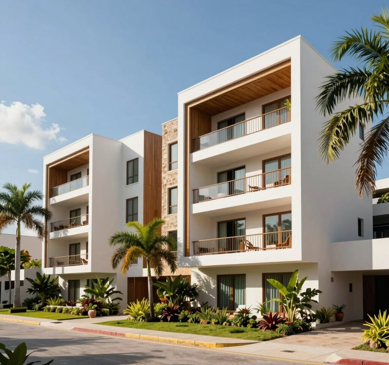 A vibrant outdoor architectural photograph of a luxury residential complex in Temozón, Mérida, Yucatán. The building has modern lines and is surrounded by tropical landscaping, captured in bright midday sunlight.
