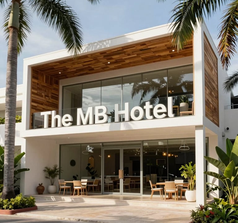 Wide shot of 'The MB Hotel' exterior, showing a blend of modern white steel and glass with tropical wood details. The lighting is bright and airy. The setting is a lush, landscaped area typical of North American / Mexican (Yucatán), highlighting its boutique tourism appeal.