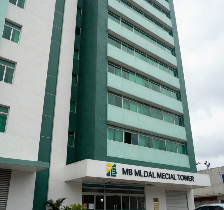 Facade of the MB Medical Tower in Mérida, showing a state-of-the-art medical facility. The architecture is sophisticated, using deep sea green and pale mint white panels. The environment is clean and professional, situated in the premium Temozón North American / Mexican (Yucatán) district.