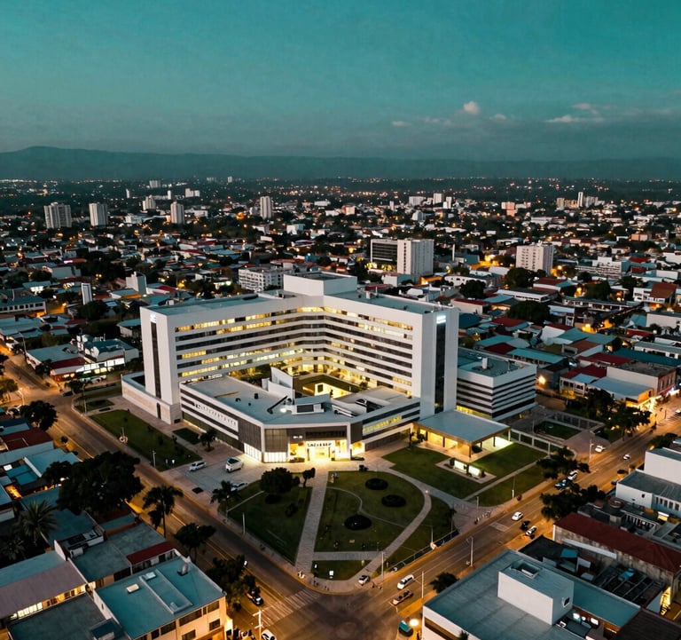 A drone shot showing the proximity of new luxury developments to major hospital zones in Mérida, North American / Mexican (Yucatán). The city looks vibrant and modern under a Deep Sea Green twilight sky.