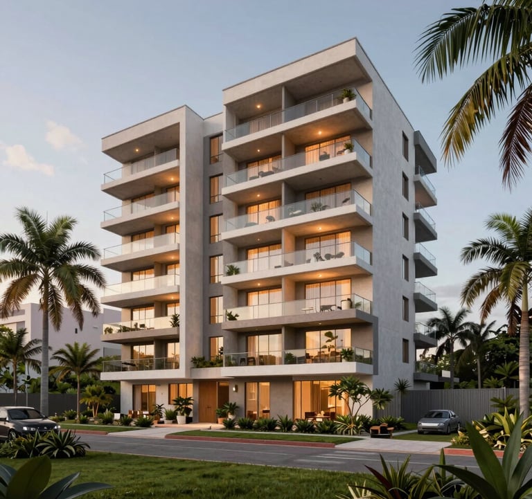 Modern residential development Ozalia in North Mérida, Yucatán. Contemporary luxury apartments surrounded by lush tropical landscaping. The lighting is early evening with soft amber glows from the windows.